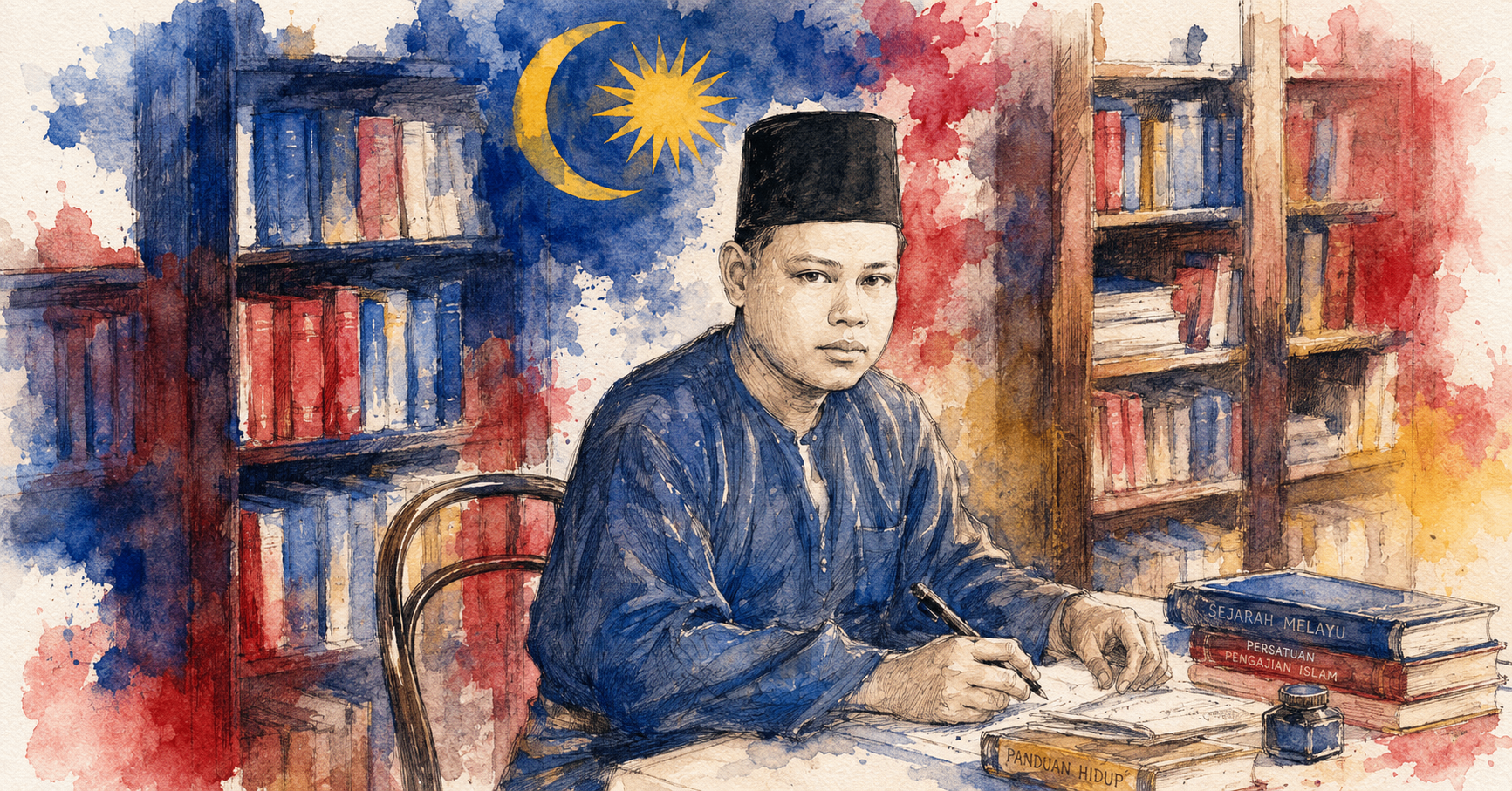 Ilustrasi cat air Pendeta Za'ba sedang menulis di meja, dengan rak buku dan jalur bendera Malaysia di latar belakang
